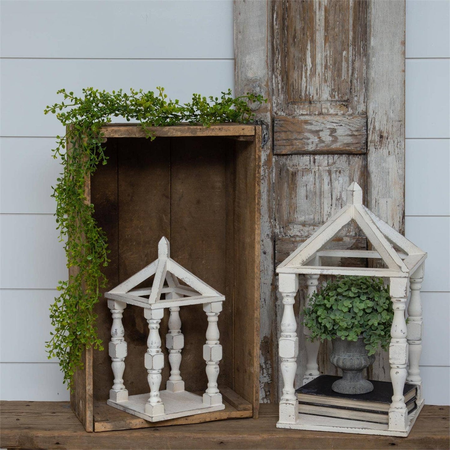 White Distressed Wood Open Lantern Large