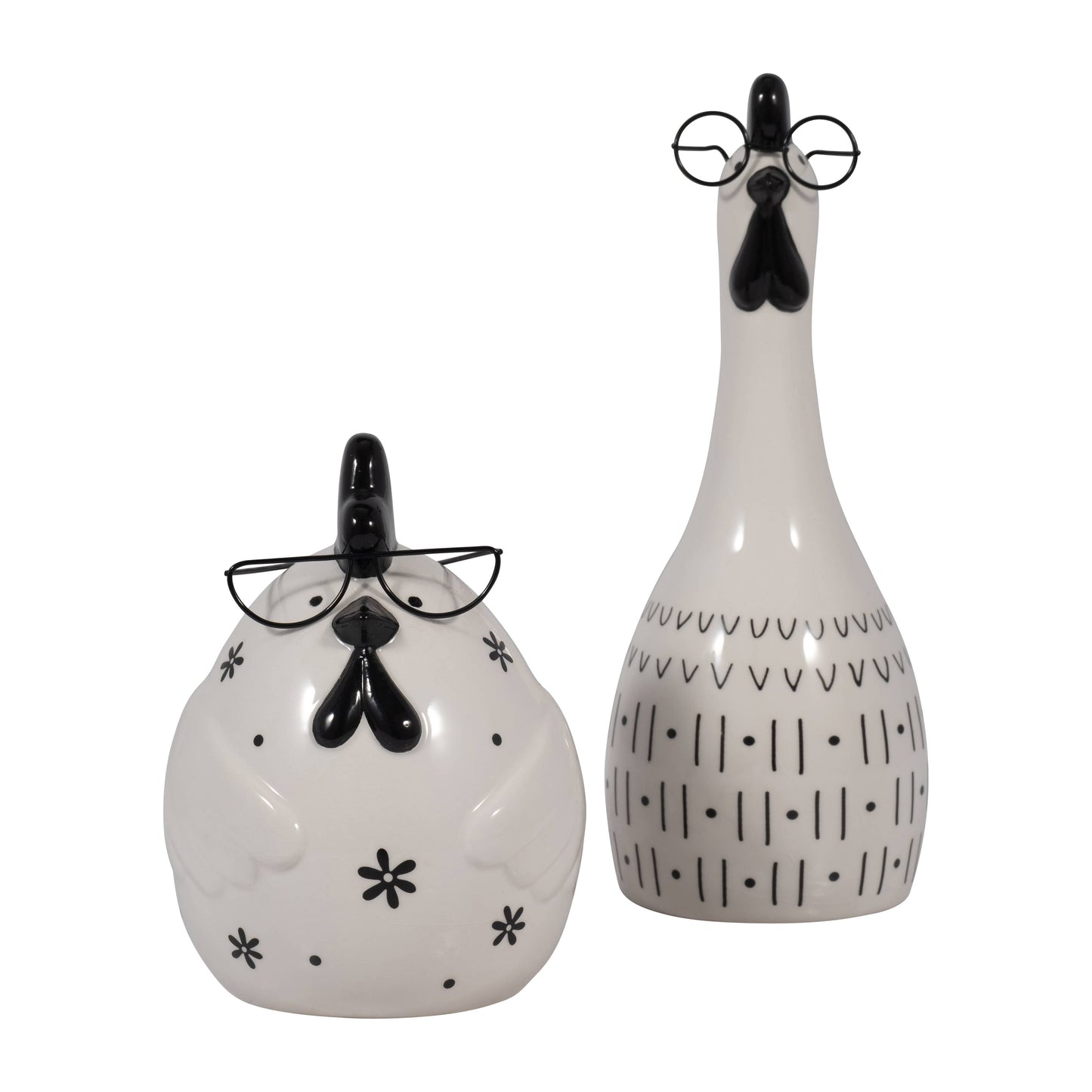 Figurine - Black/White Chubby Rooster with Glasses, 7 in.