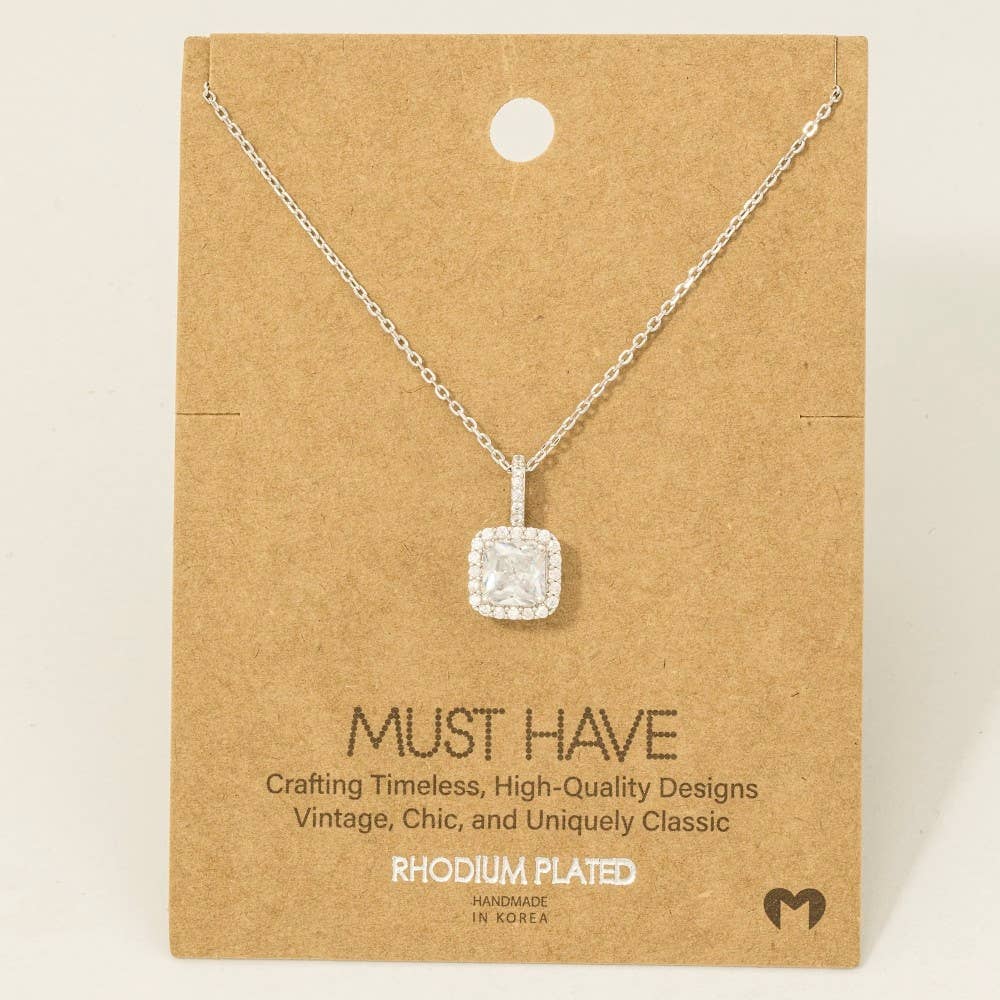 Gold Dipped Square Rhinestone Pendant Necklace