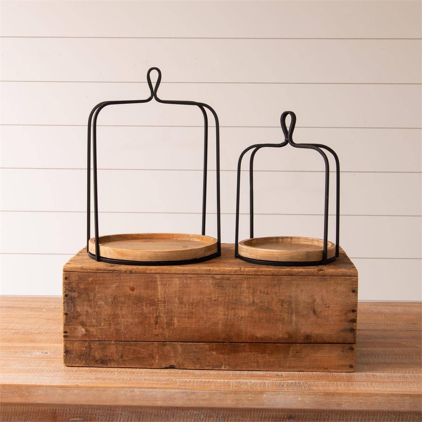 Black Open Lanterns With Round Wood Base Large
