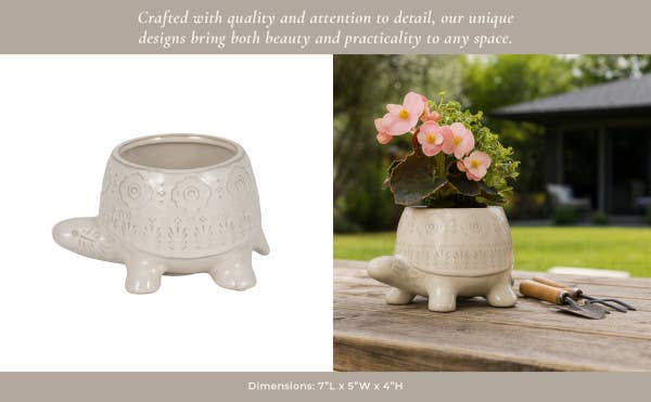 Decorative Planter - White Ceramic Shaped Turtle, 7 in.