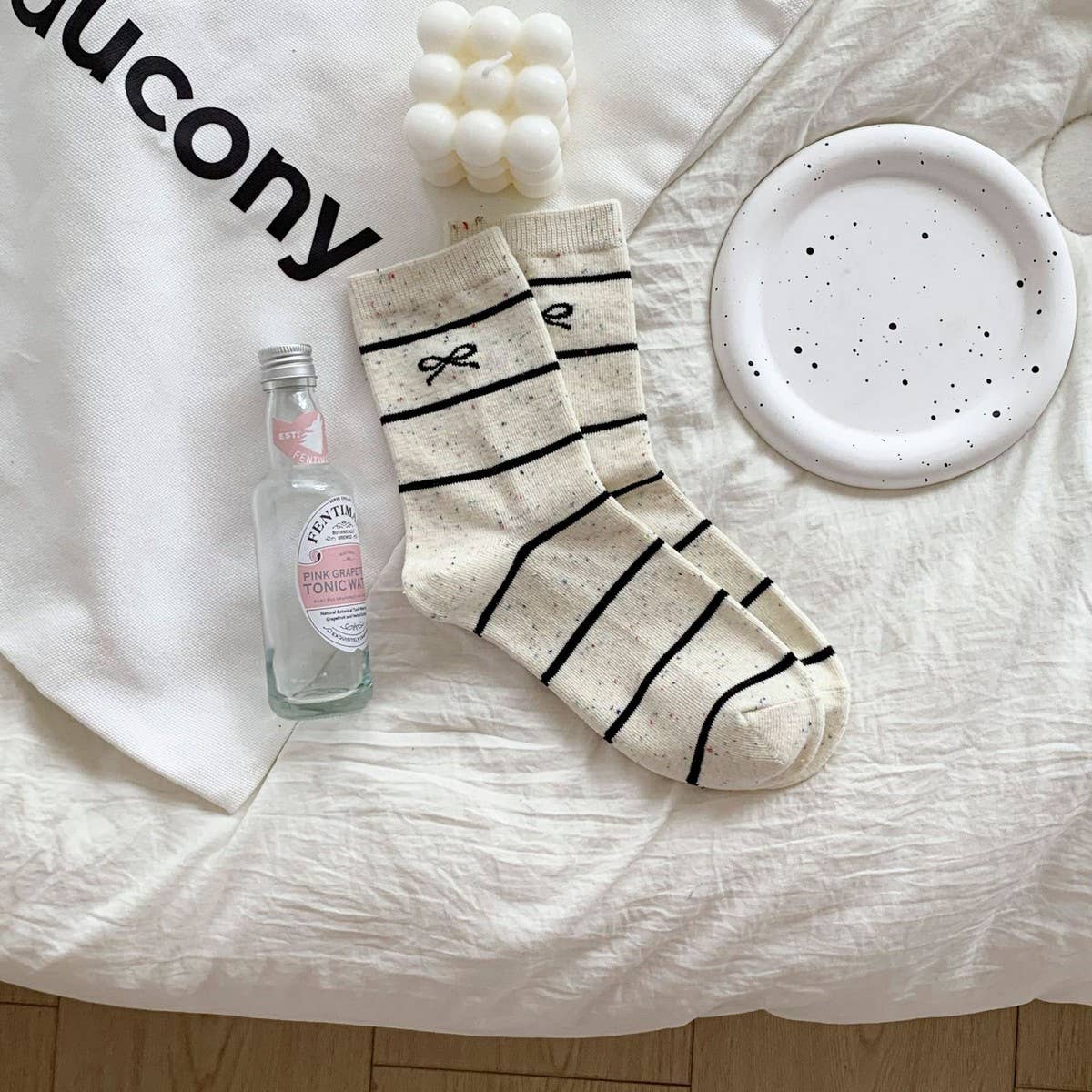 Bow Stripe Socks Women Winter Retro Cute Warm_CWMS02888