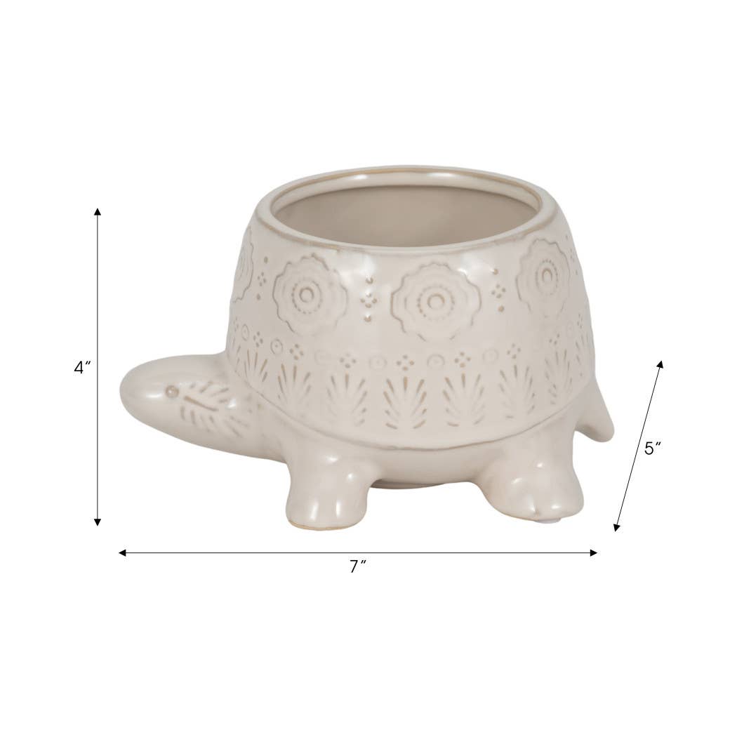 Decorative Planter - White Ceramic Shaped Turtle, 7 in.