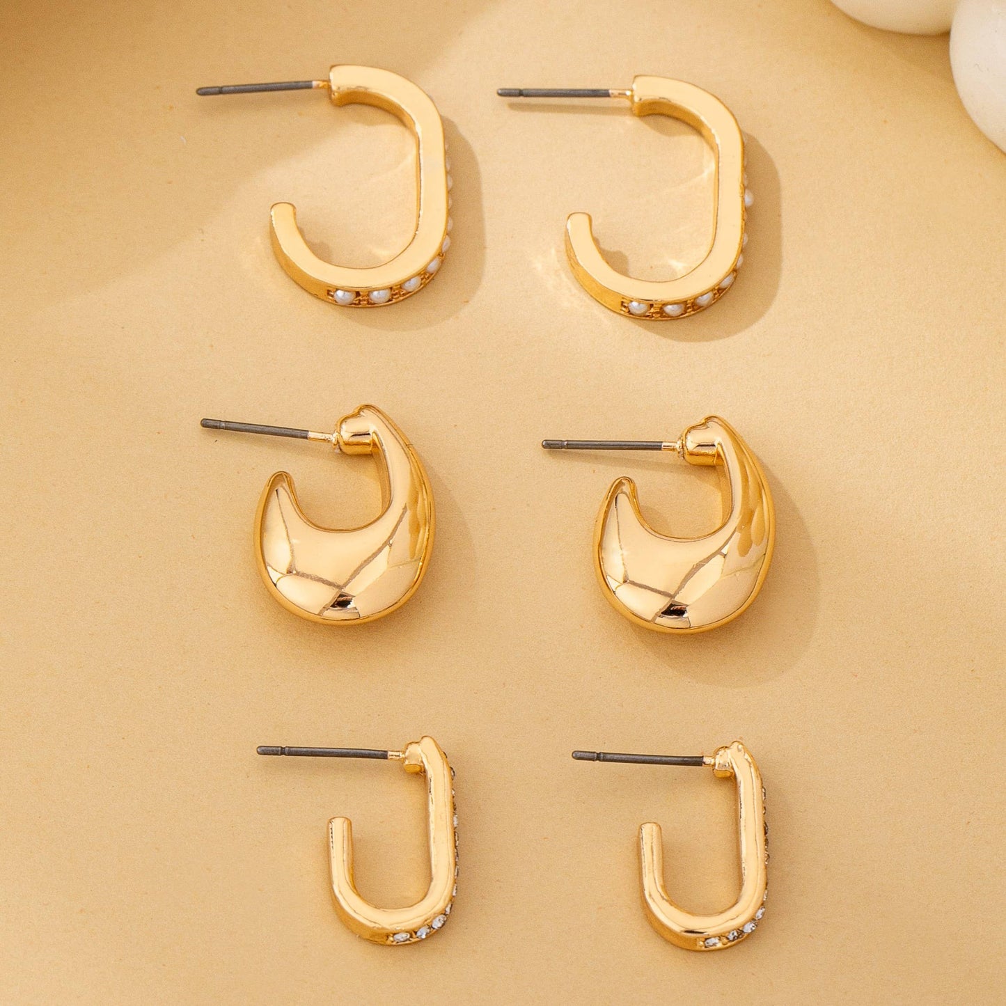 Rhinestone Pearl Huggie Hoop Trio Earrings | 80E62207