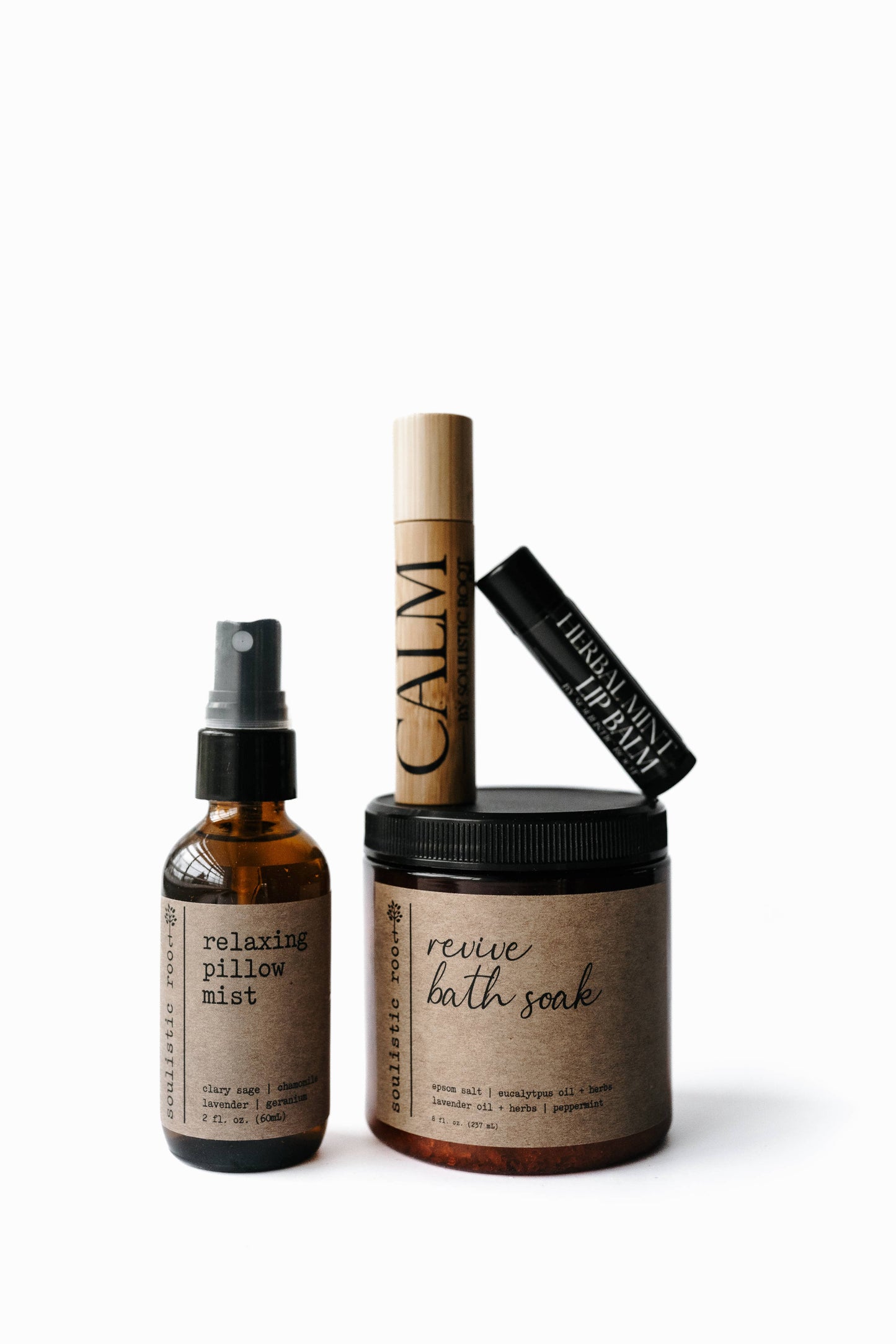 Relax Set, pillow mist, bath salt, calm rollar, lip balm