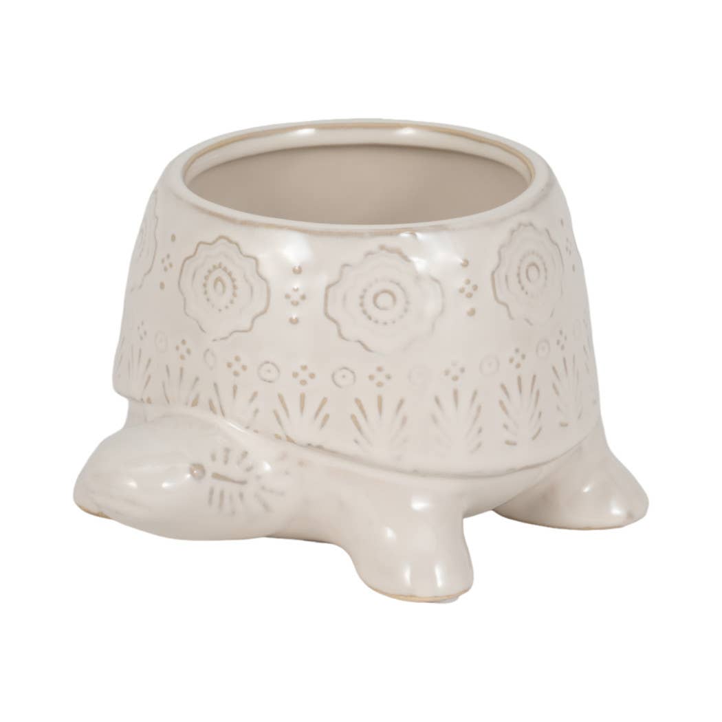 Decorative Planter - White Ceramic Shaped Turtle, 7 in.