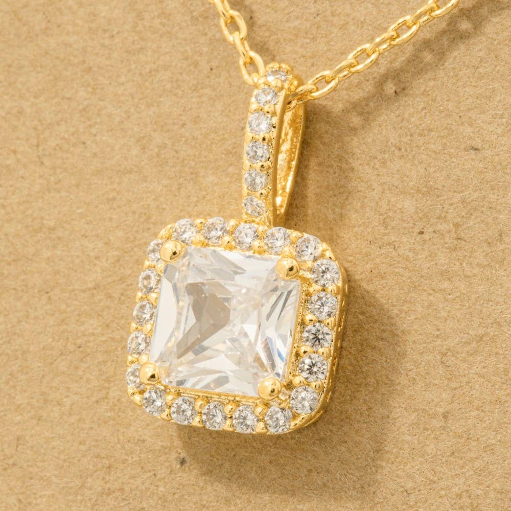 Gold Dipped Square Rhinestone Pendant Necklace