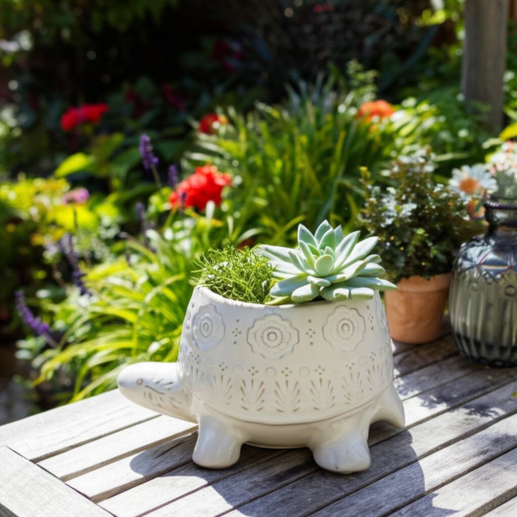 Decorative Planter - White Ceramic Shaped Turtle, 7 in.