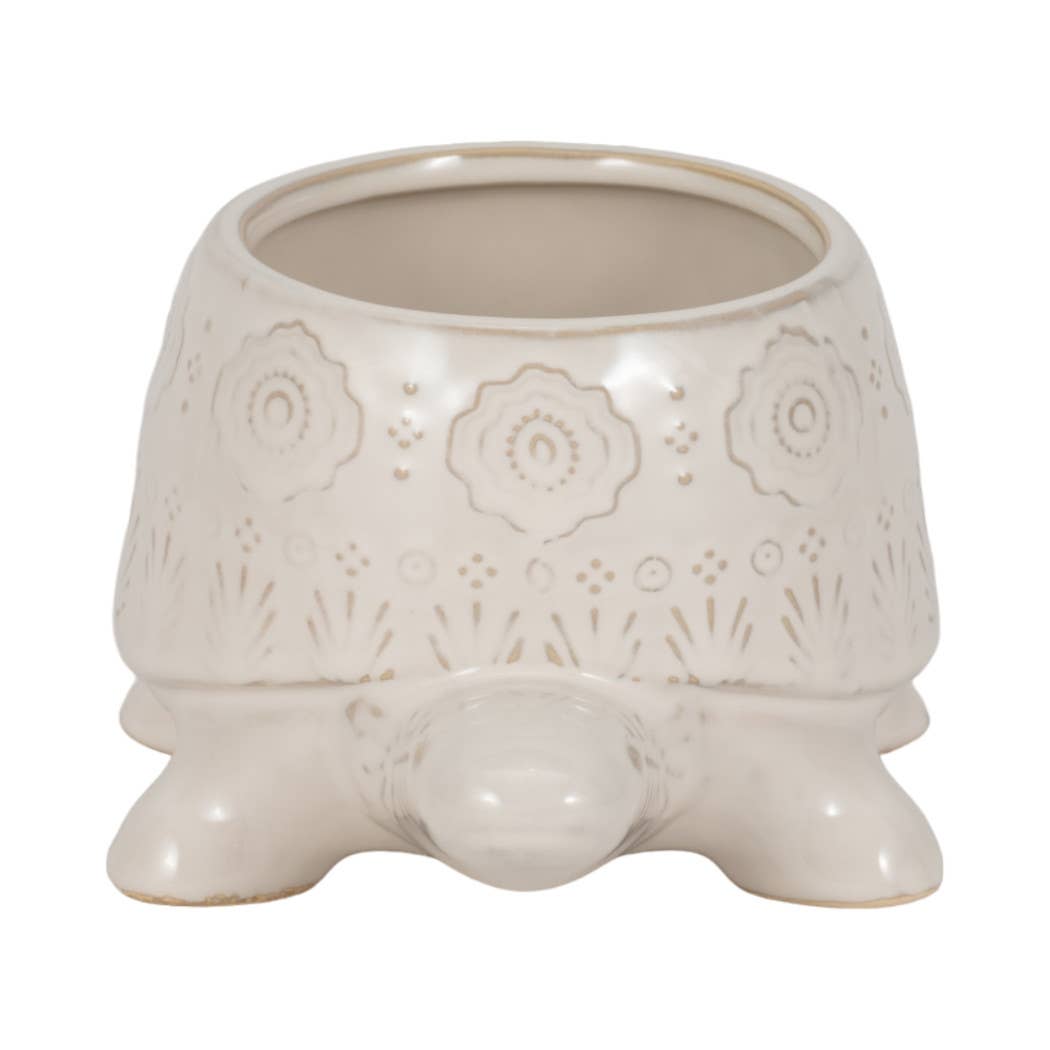 Decorative Planter - White Ceramic Shaped Turtle, 7 in.