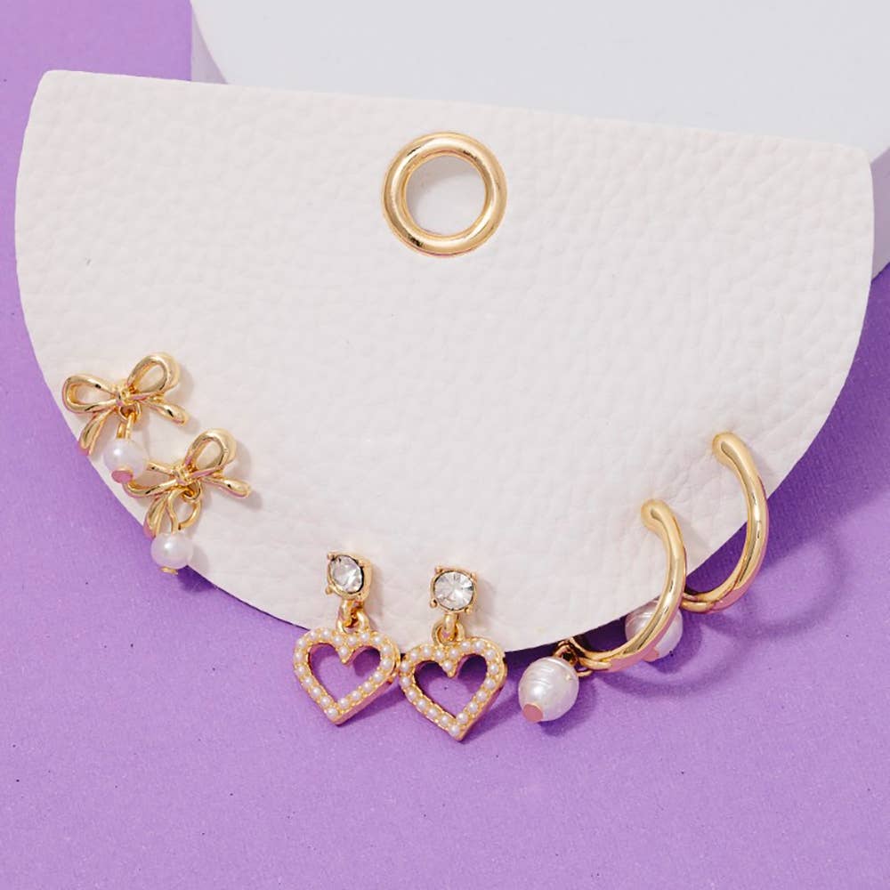 Pearl Pave Heart Bow And Charms Mixed Earrings Set