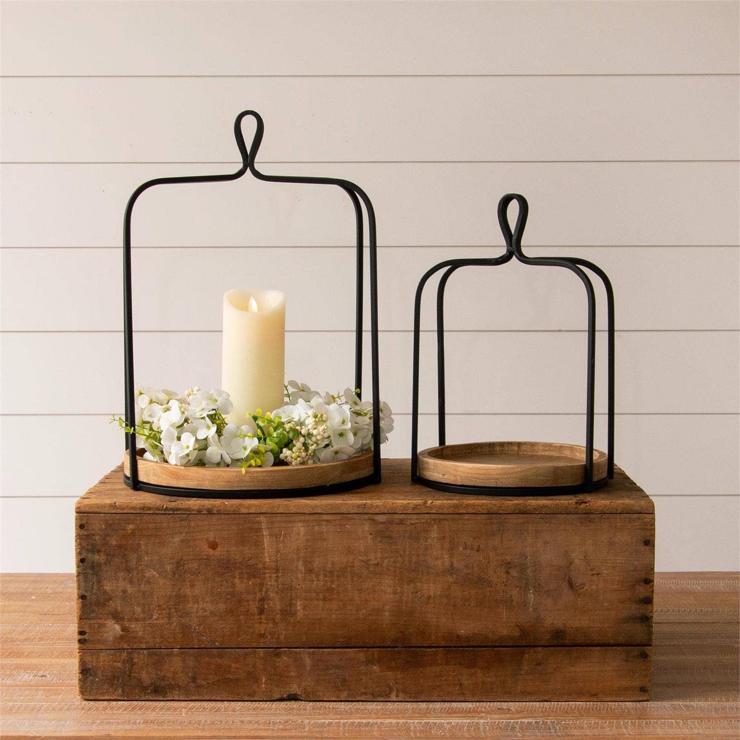 Black Open Lanterns With Round Wood Base Large
