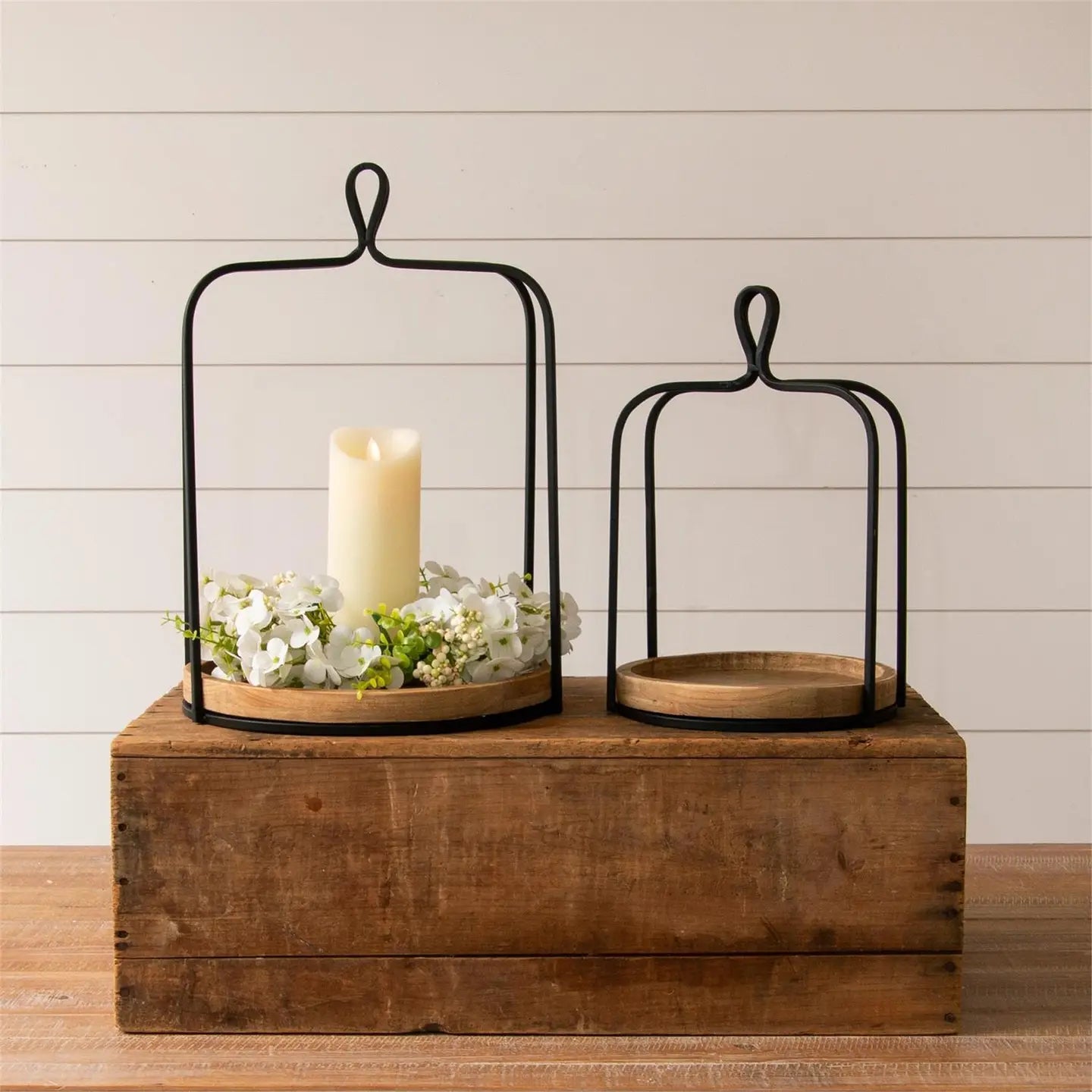Black Open Lanterns With Round Wood Base Small