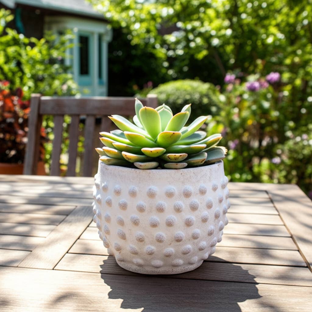 Planter - White Terracotta Round Bubble Rough Finish, 6 in.