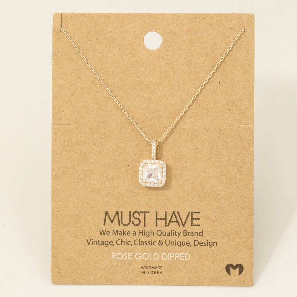 Gold Dipped Square Rhinestone Pendant Necklace