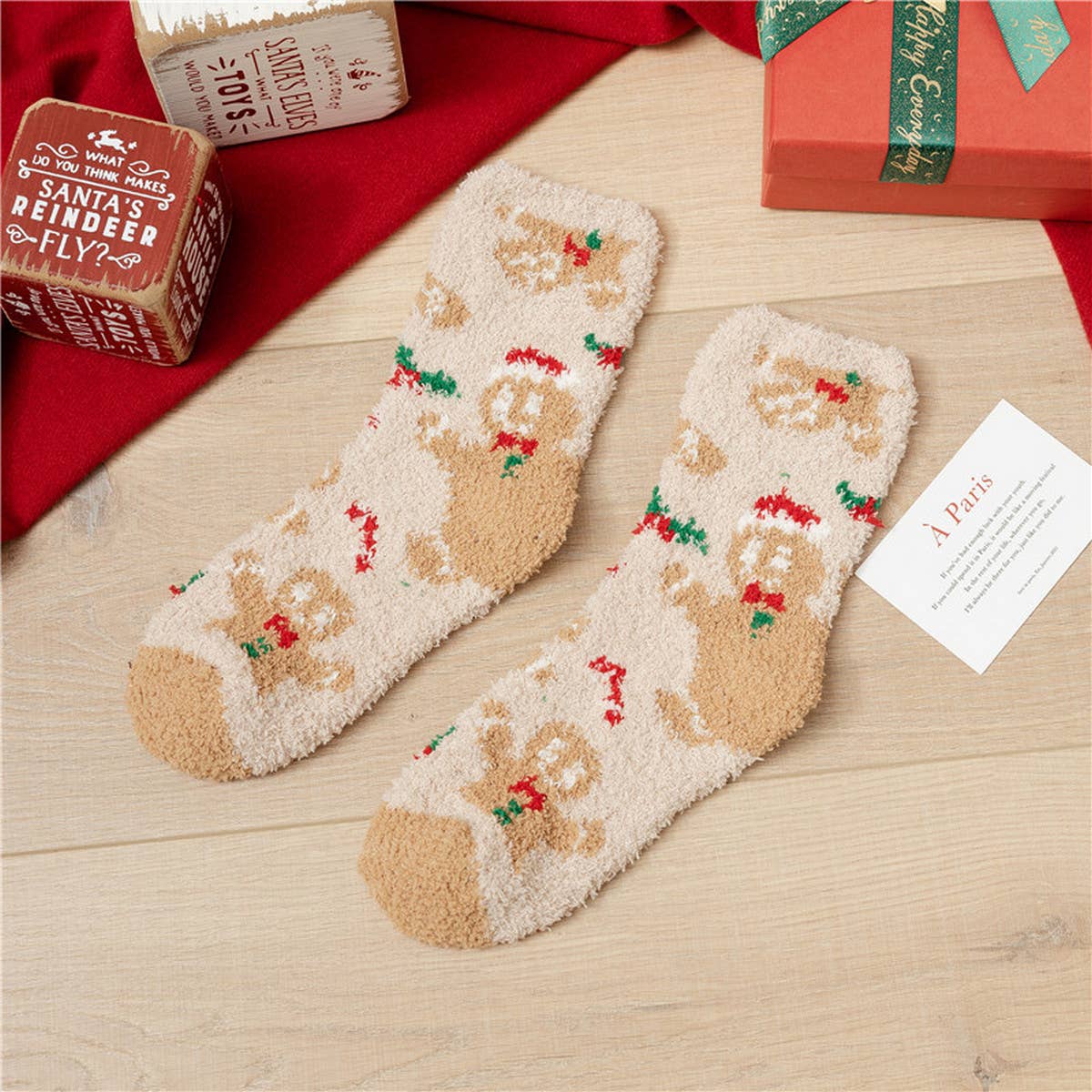 SANTA CLAUS ELK CORAL VELVET SOCKS_CWMS0336