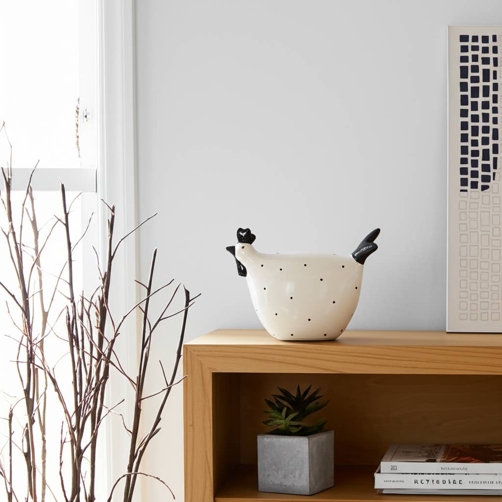 Ceramic Dotted Rooster Figurine - White/Black, 7 in.