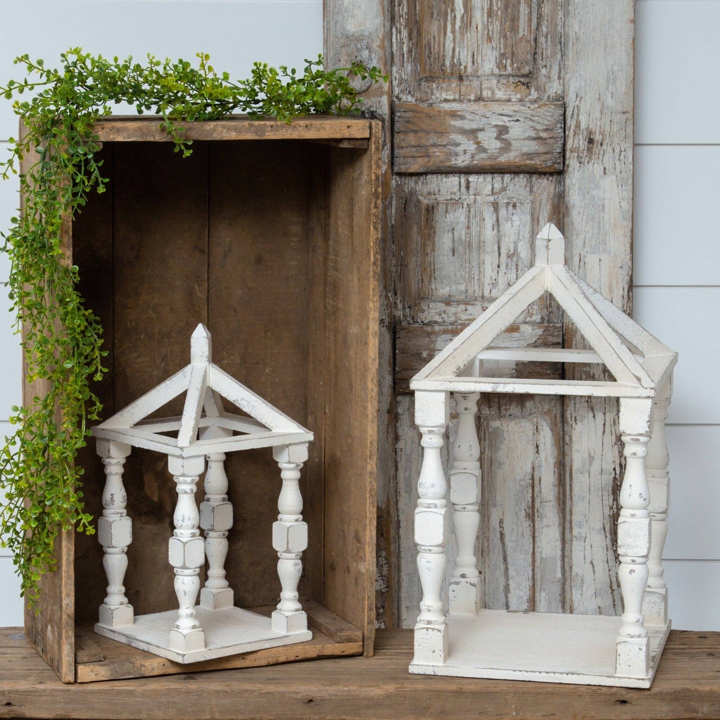White Distressed Wood Open Lantern Large