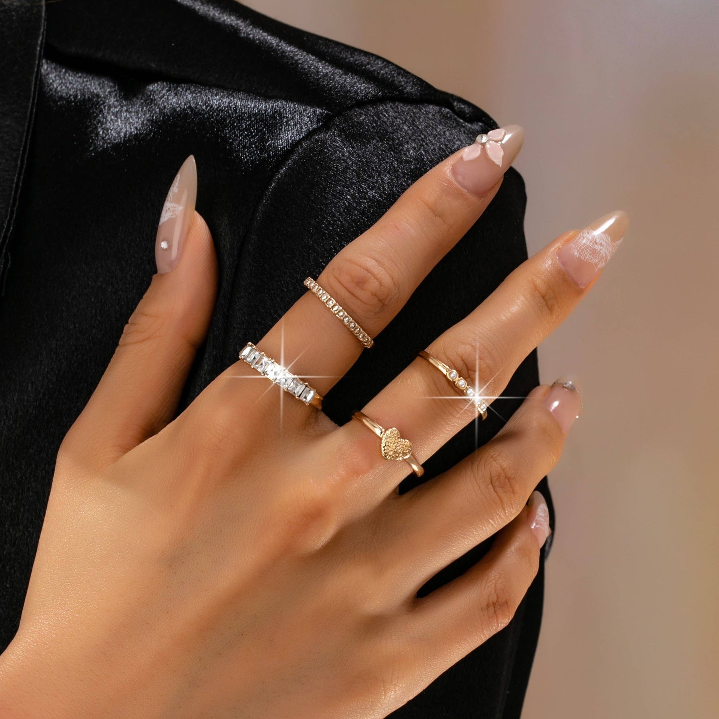 Gold-Tone Mixed Crystal & Pearl Stacking Ring Set | 80R177