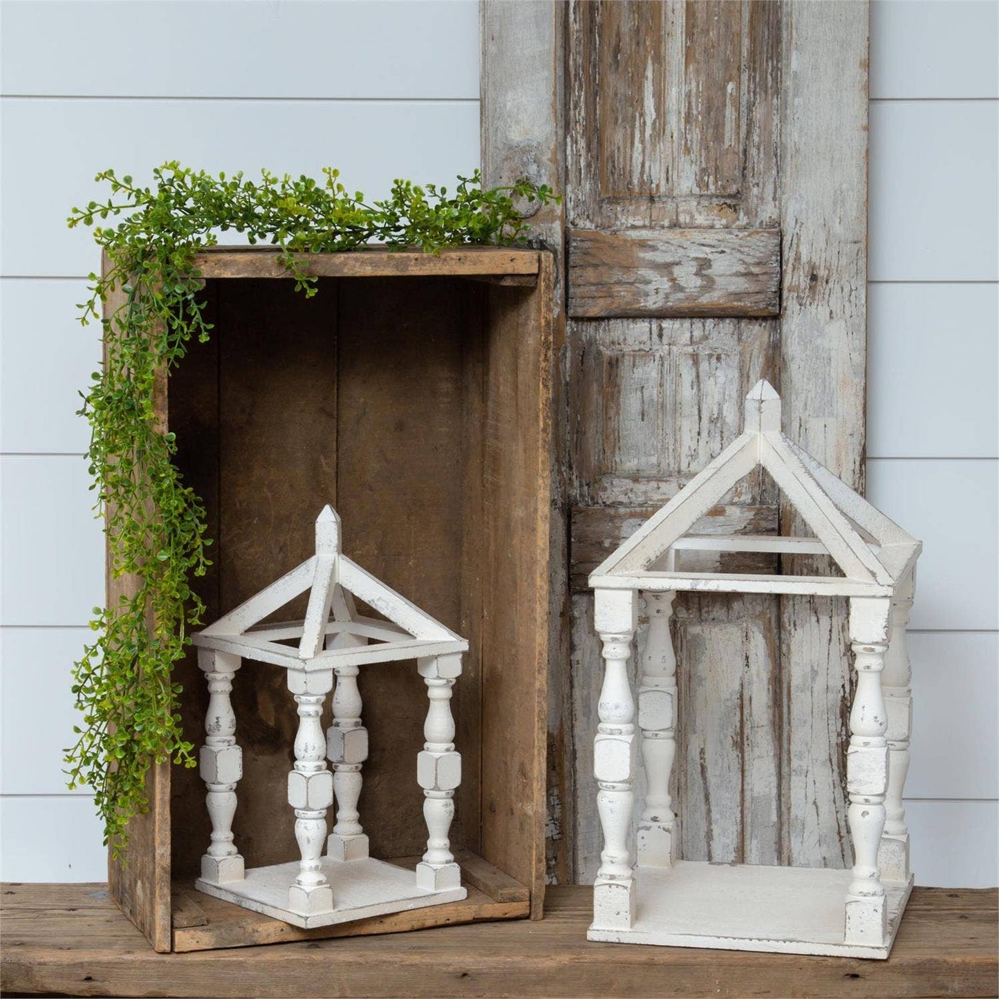 White Distressed Wood Open Lantern Large