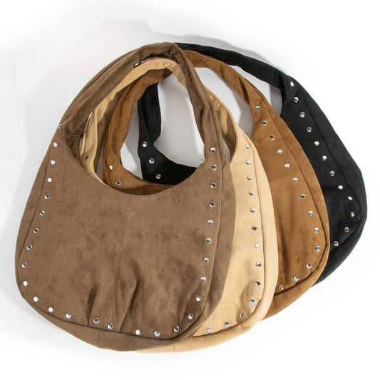 Suede Studded Trim Hobo Bag