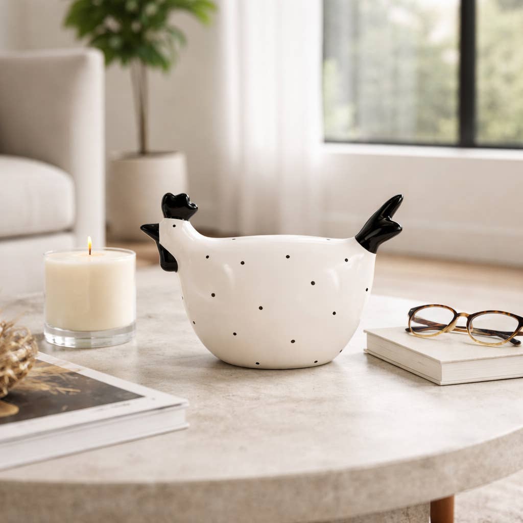 Ceramic Dotted Rooster Figurine - White/Black, 7 in.