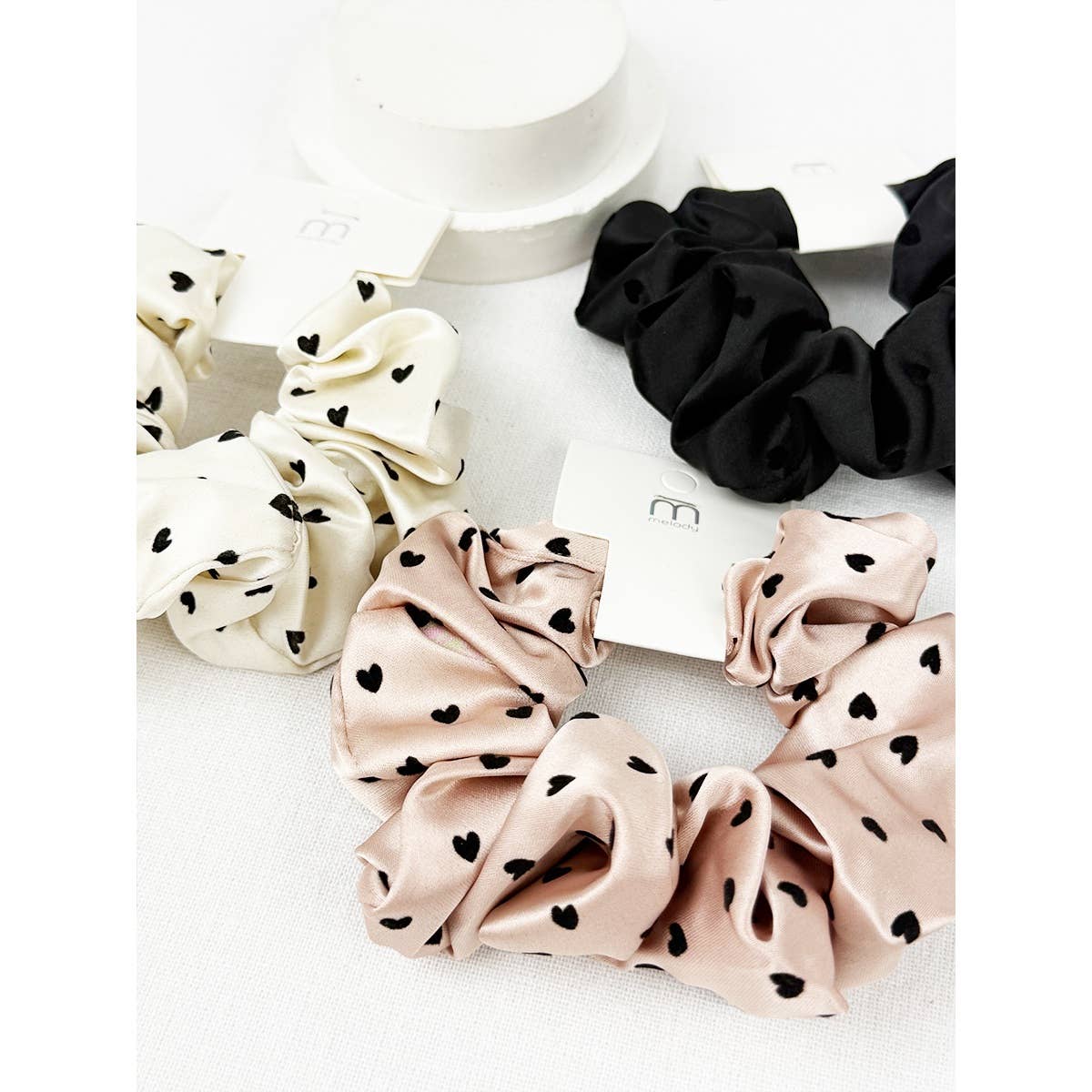 Heart Flocking Soft Tone Satin Scrunchies