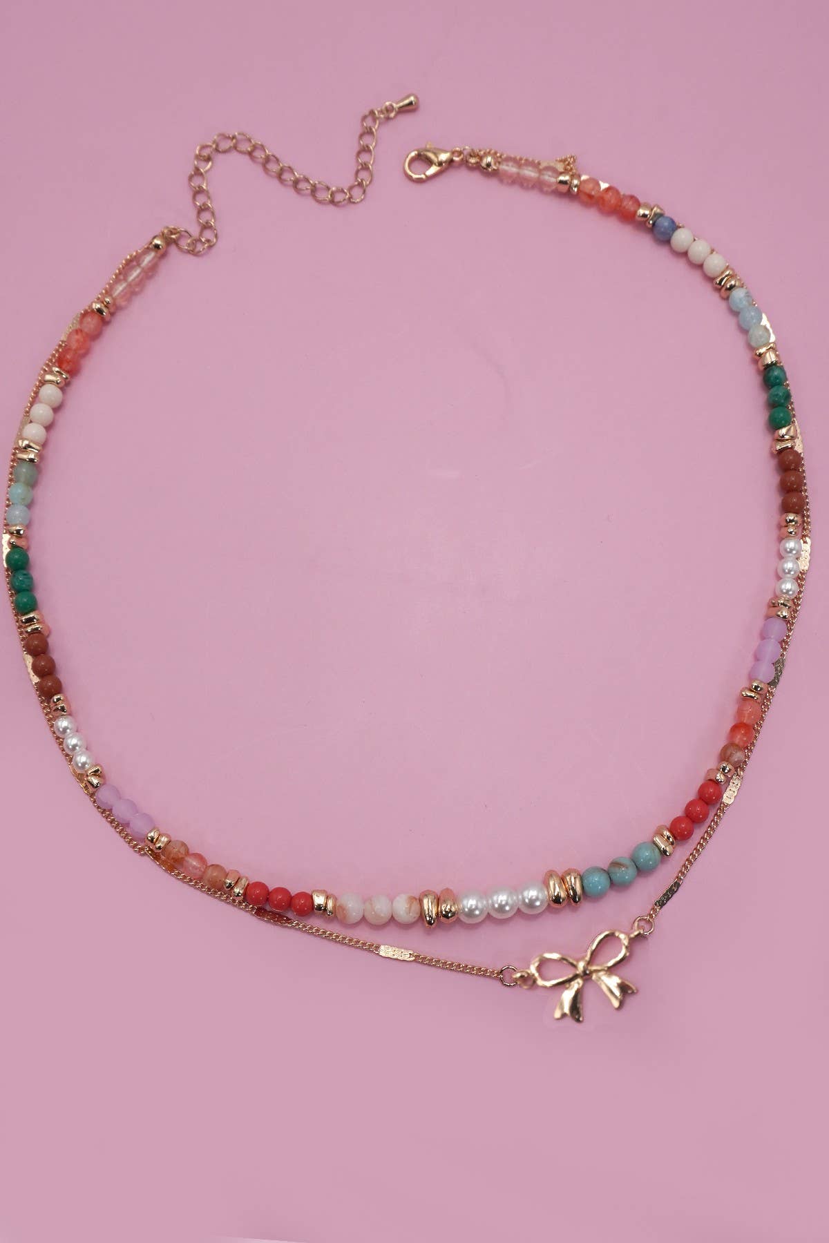 MULTI BEADED BOW CHARM DOUBLE LAYER NECKLACE | 80N91498