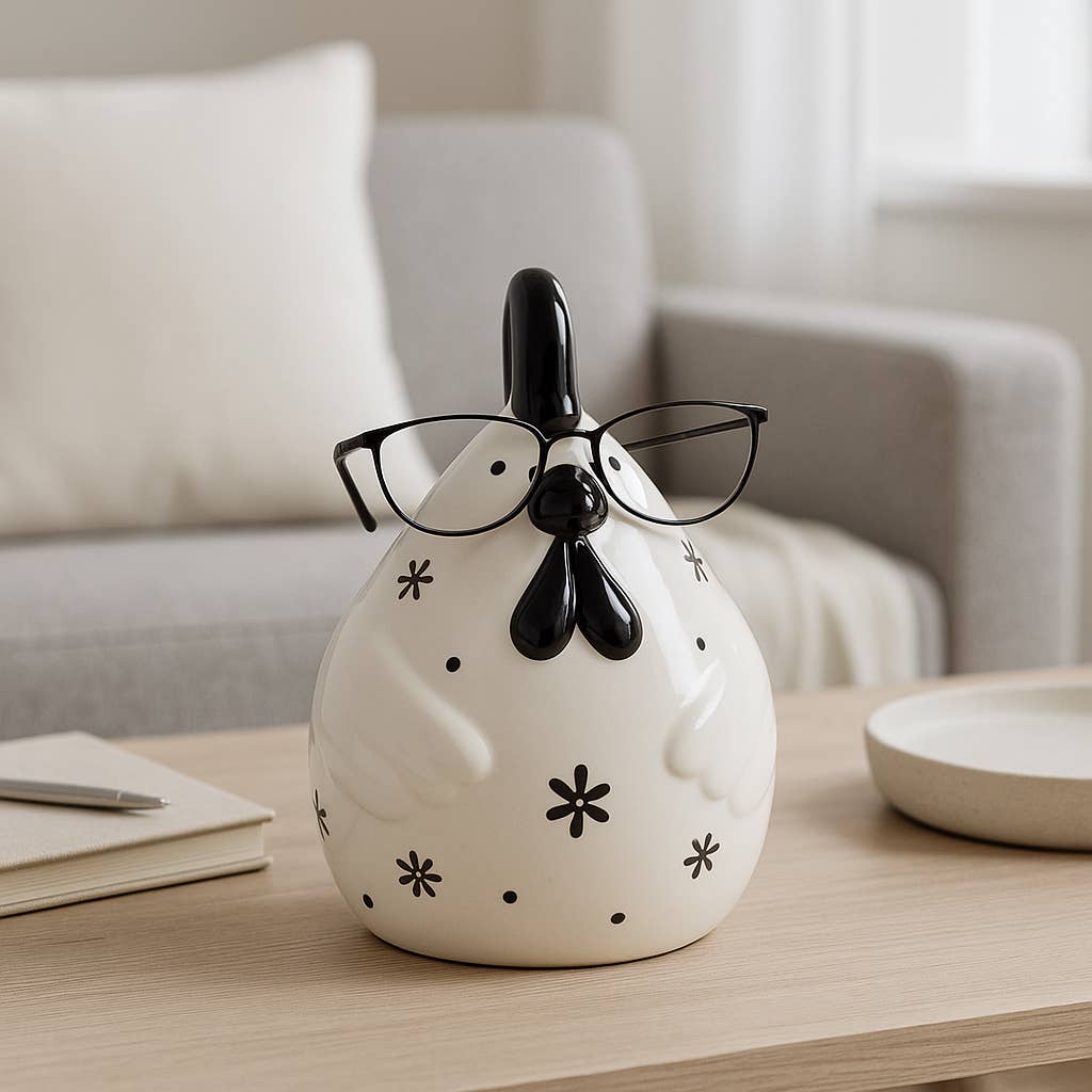 Figurine - Black/White Chubby Rooster with Glasses,  7 in.