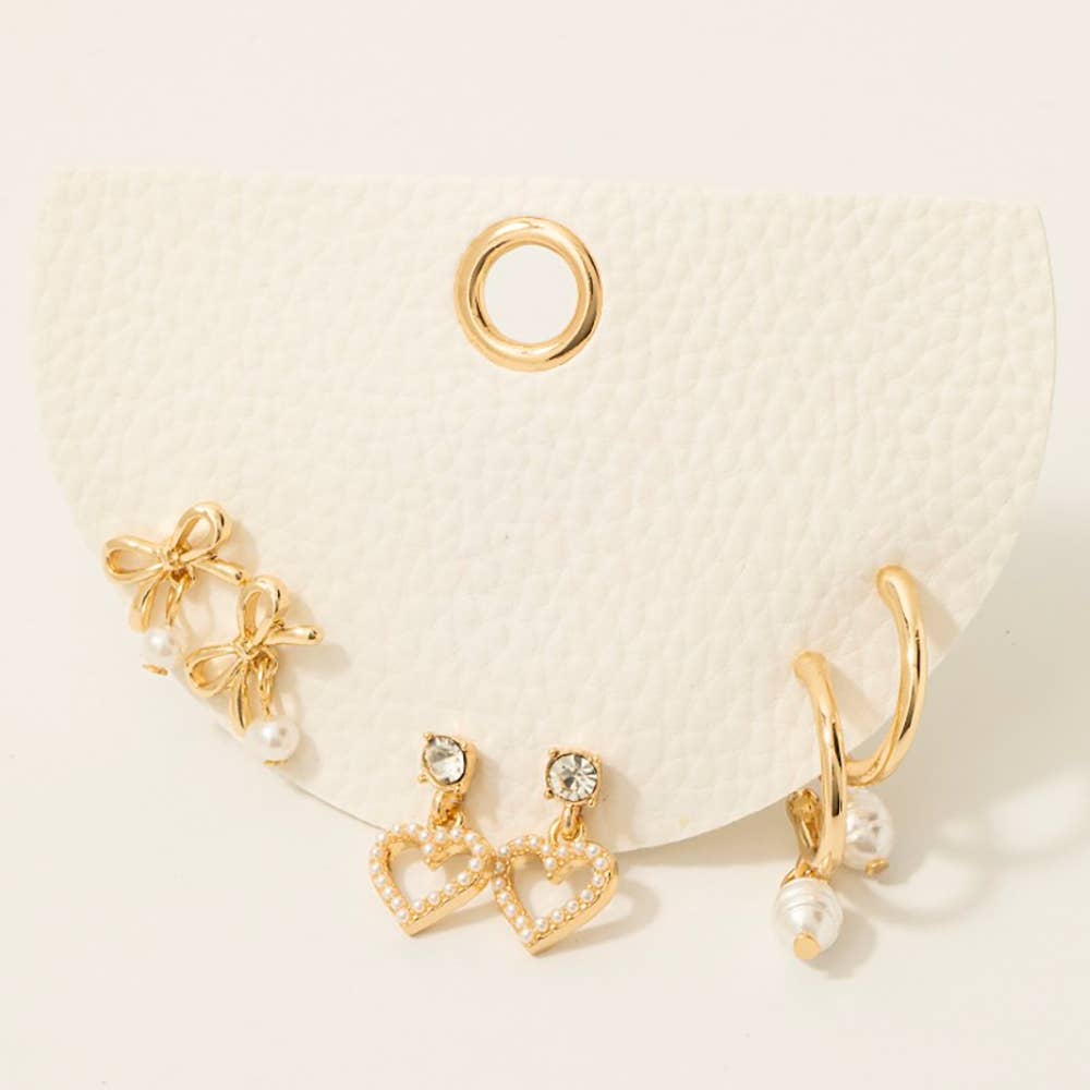 Pearl Pave Heart Bow And Charms Mixed Earrings Set