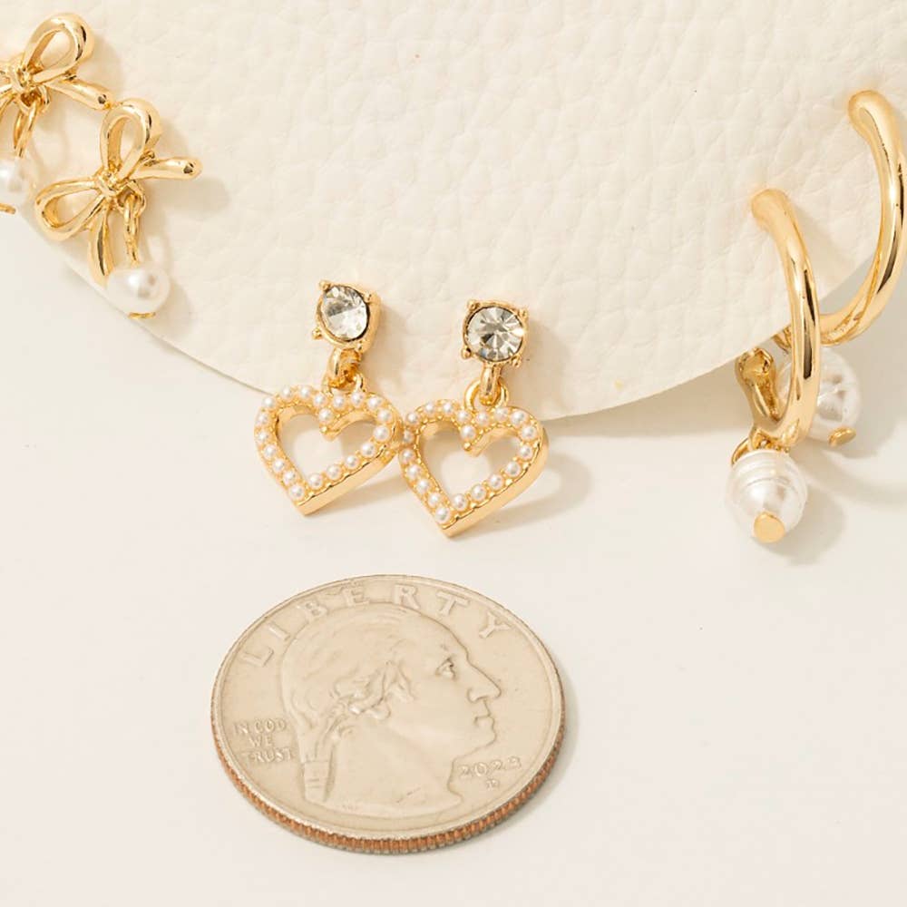 Pearl Pave Heart Bow And Charms Mixed Earrings Set
