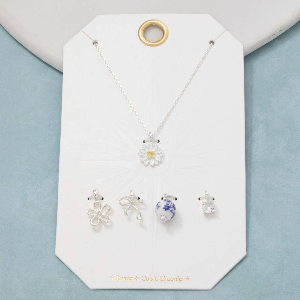 Assorted Mixed Cz Flower And Bow Pendant Necklace
