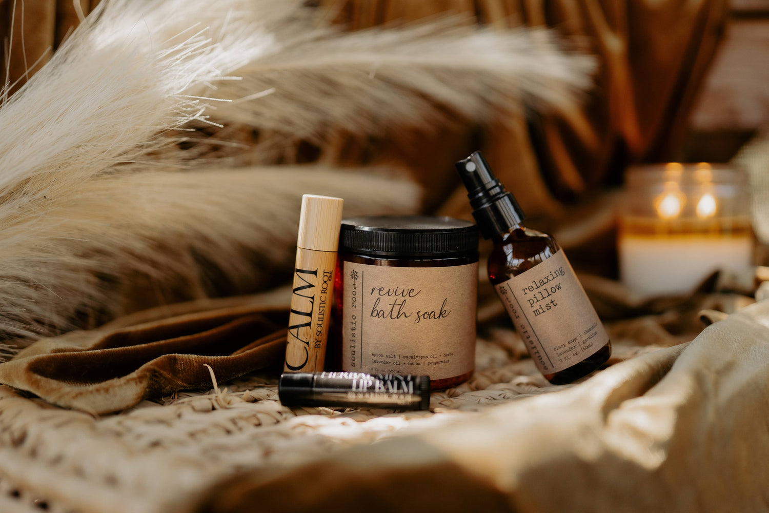 Relax Set, pillow mist, bath salt, calm rollar, lip balm