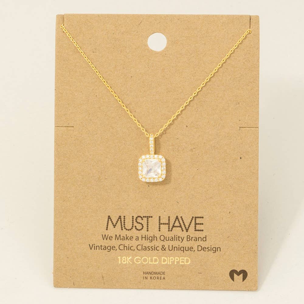 Gold Dipped Square Rhinestone Pendant Necklace