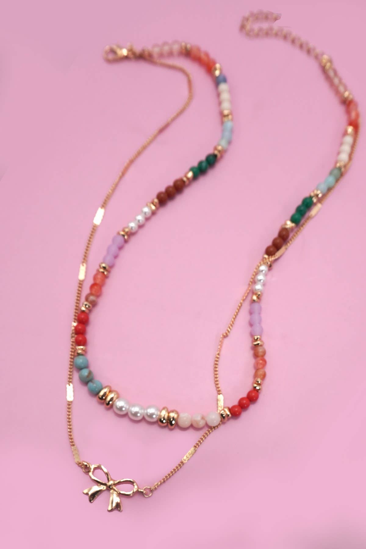 MULTI BEADED BOW CHARM DOUBLE LAYER NECKLACE | 80N91498
