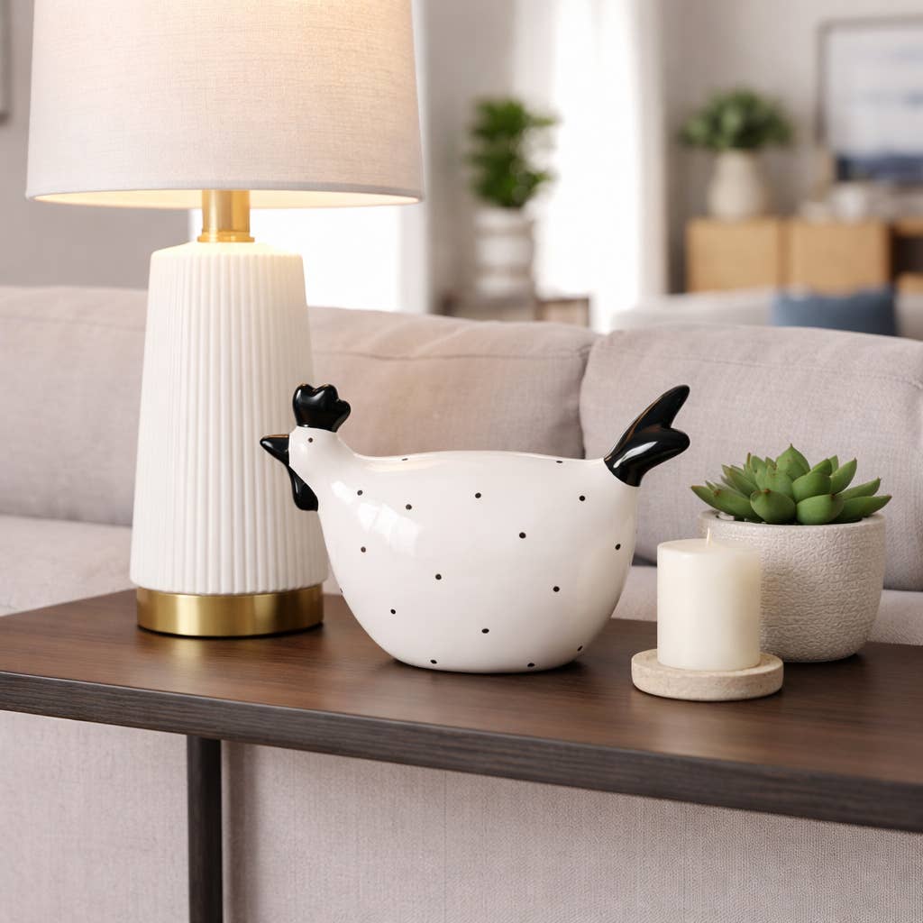 Ceramic Dotted Rooster Figurine - White/Black, 7 in.