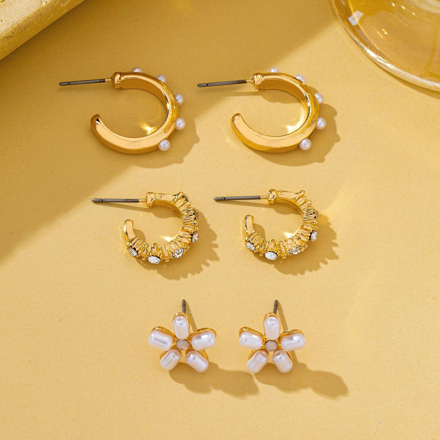Pearl Floral Stud & Hoop Trio earrings | 80E62419