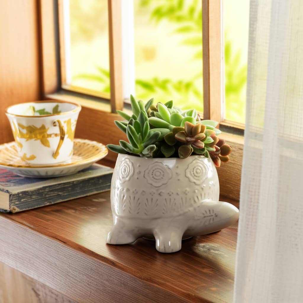 Decorative Planter - White Ceramic Shaped Turtle, 7 in.
