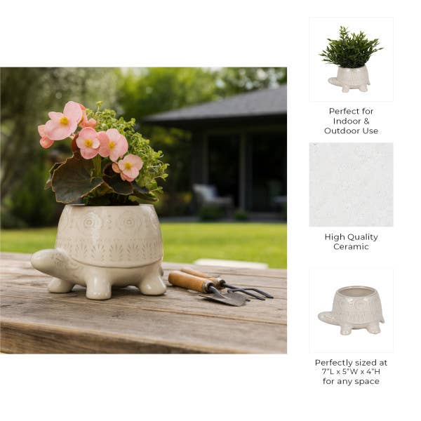 Decorative Planter - White Ceramic Shaped Turtle, 7 in.