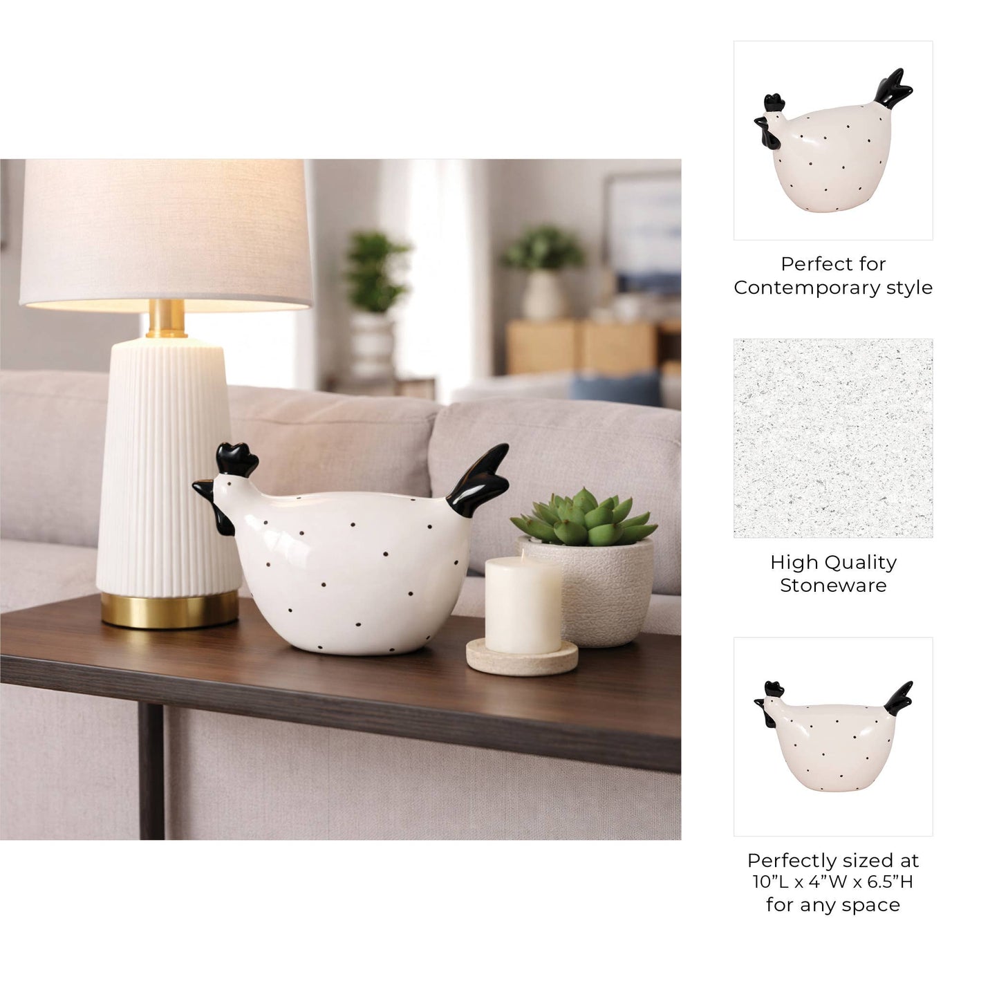 Ceramic Dotted Rooster Figurine - White/Black, 7 in.