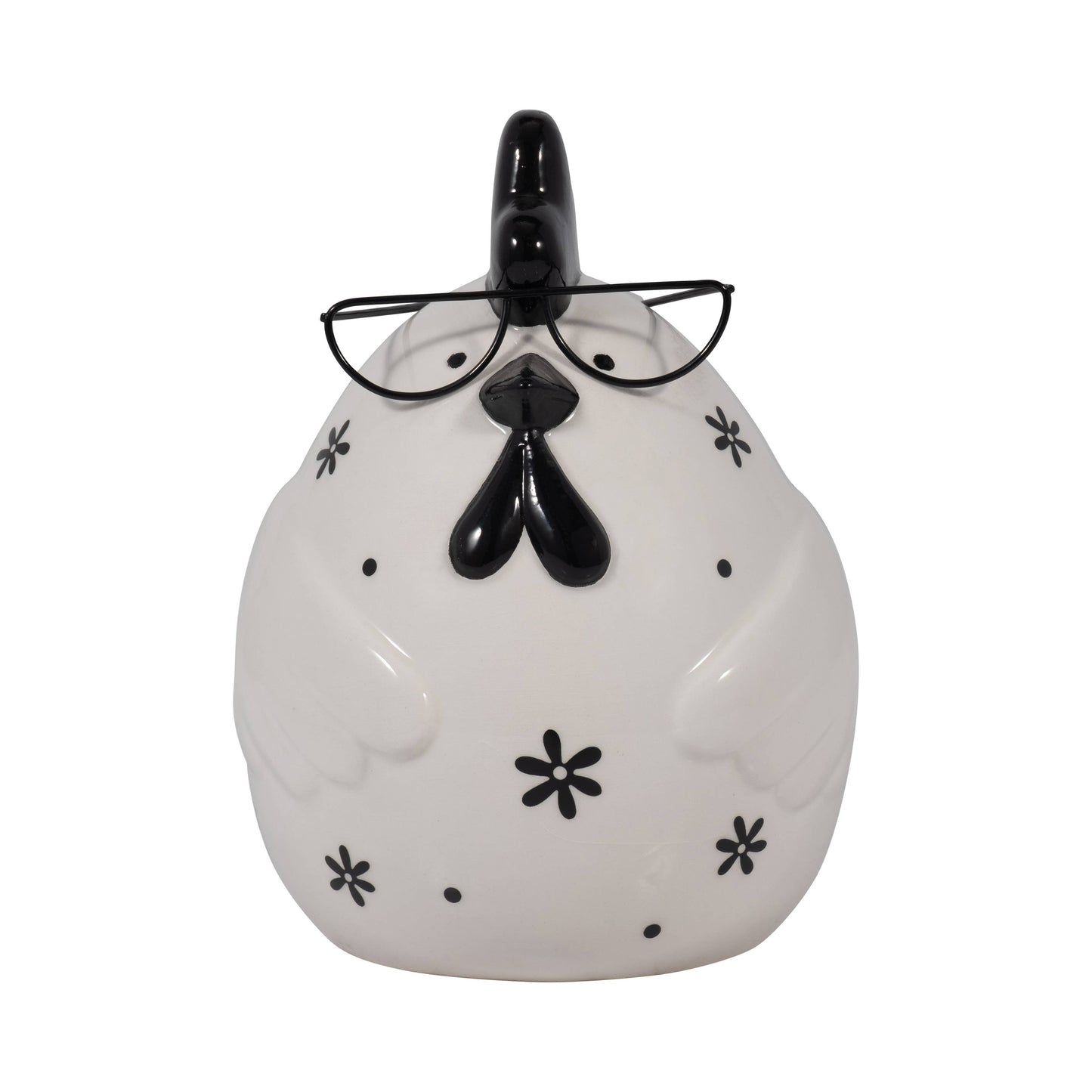 Figurine - Black/White Chubby Rooster with Glasses,  7 in.