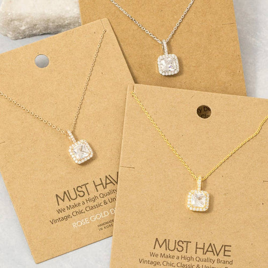 Gold Dipped Square Rhinestone Pendant Necklace