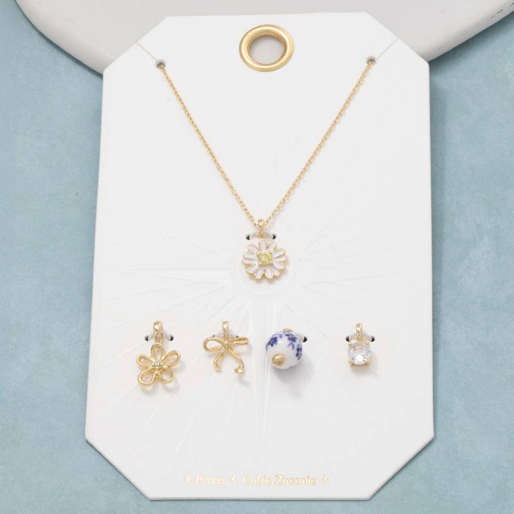 Assorted Mixed Cz Flower And Bow Pendant Necklace
