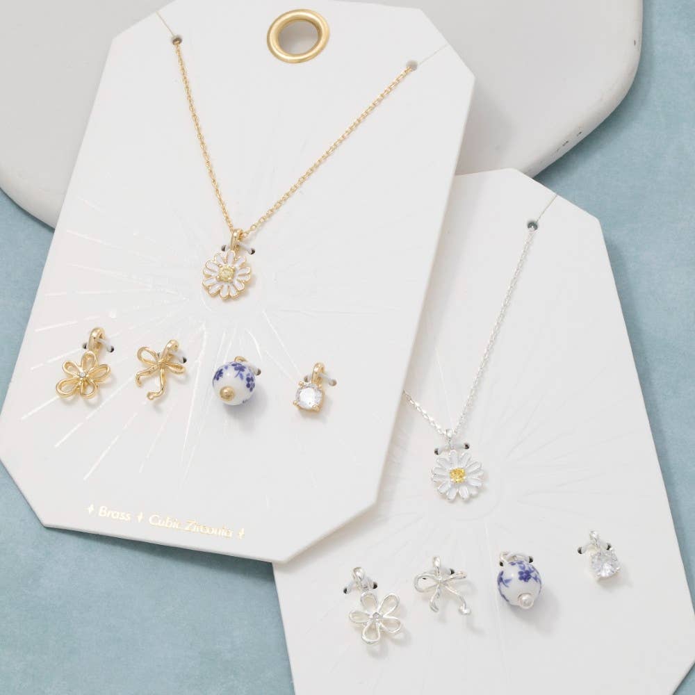 Assorted Mixed Cz Flower And Bow Pendant Necklace