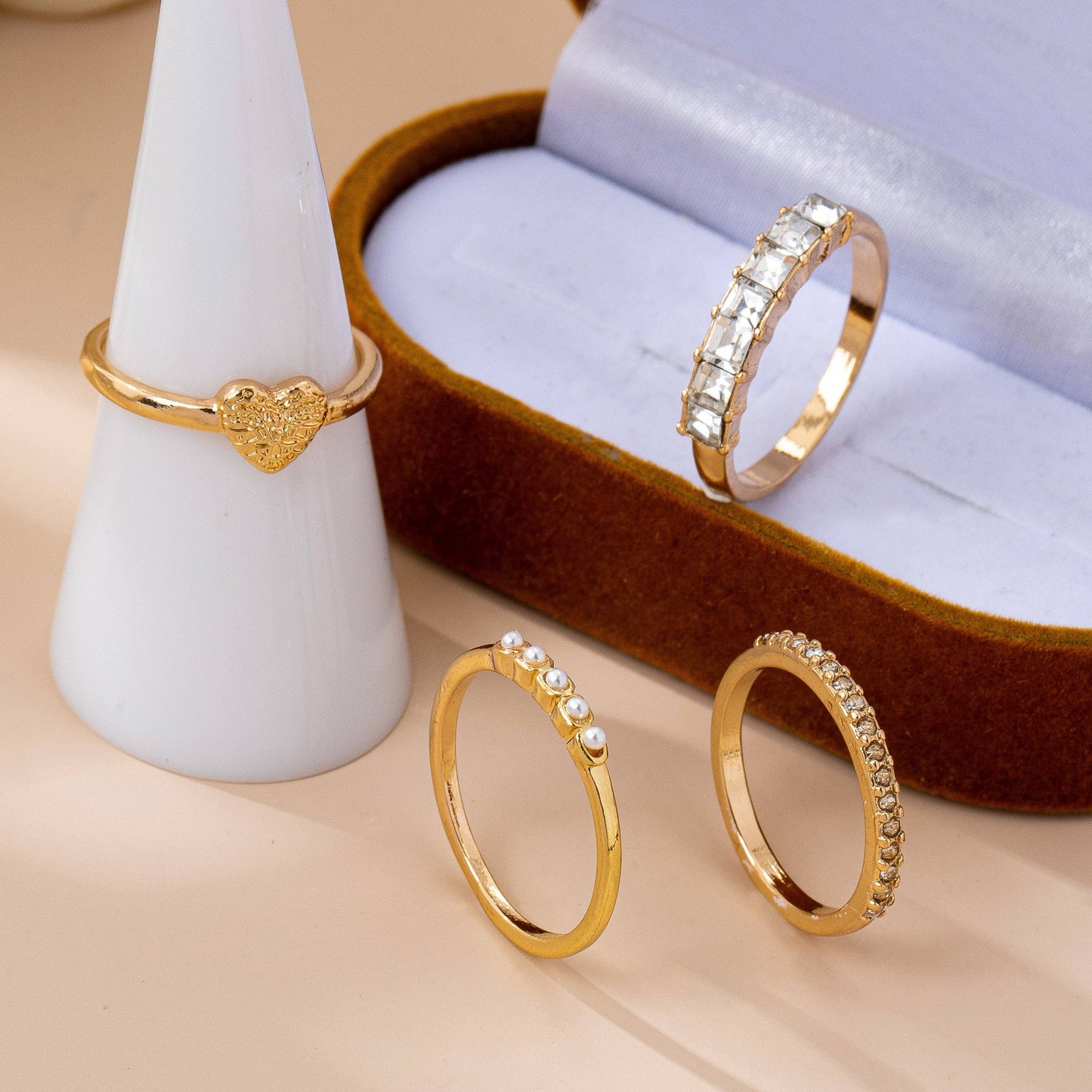 Gold-Tone Mixed Crystal & Pearl Stacking Ring Set | 80R177