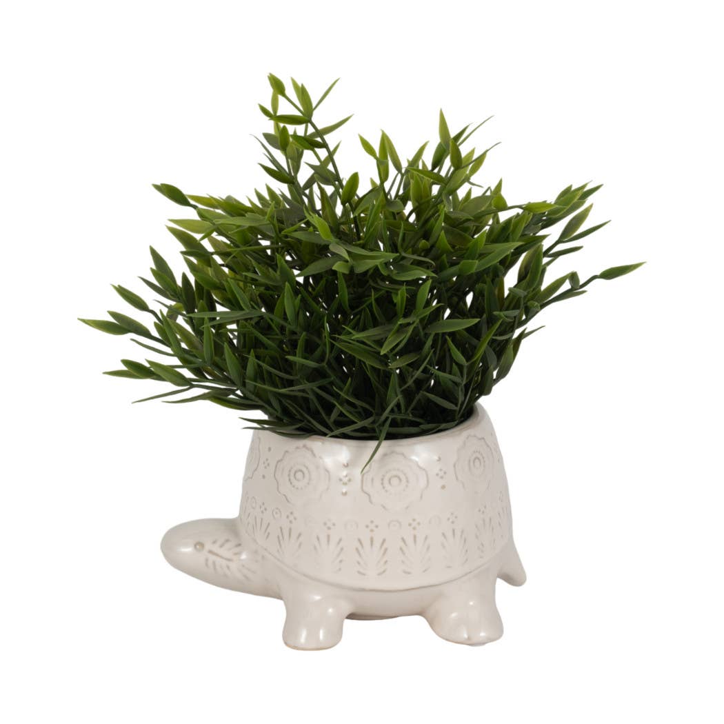 Decorative Planter - White Ceramic Shaped Turtle, 7 in.
