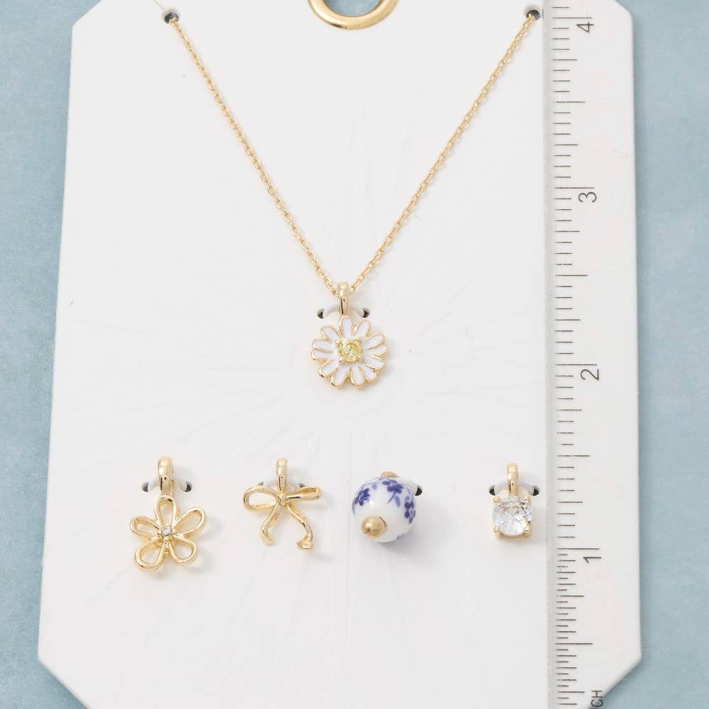Assorted Mixed Cz Flower And Bow Pendant Necklace