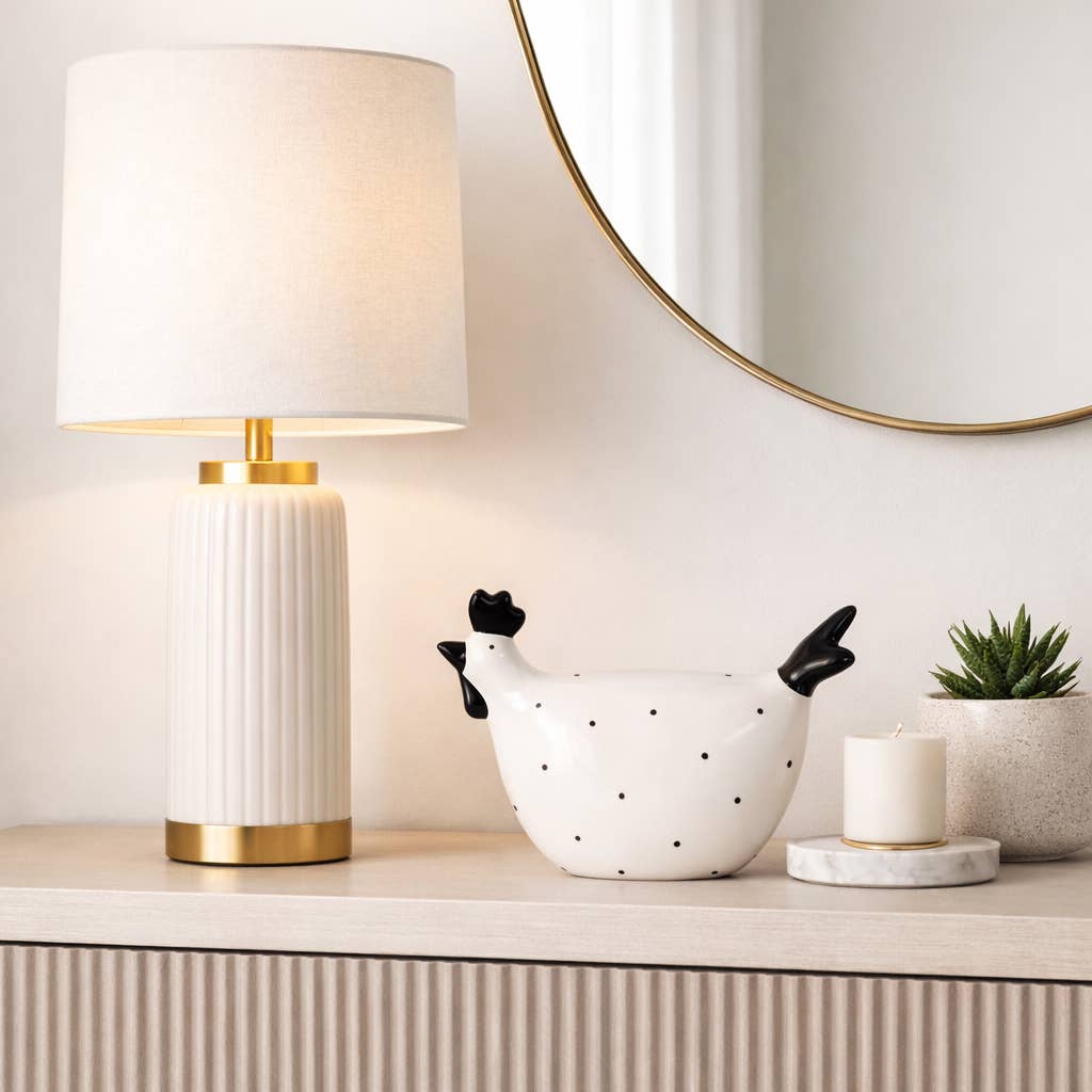 Ceramic Dotted Rooster Figurine - White/Black, 7 in.