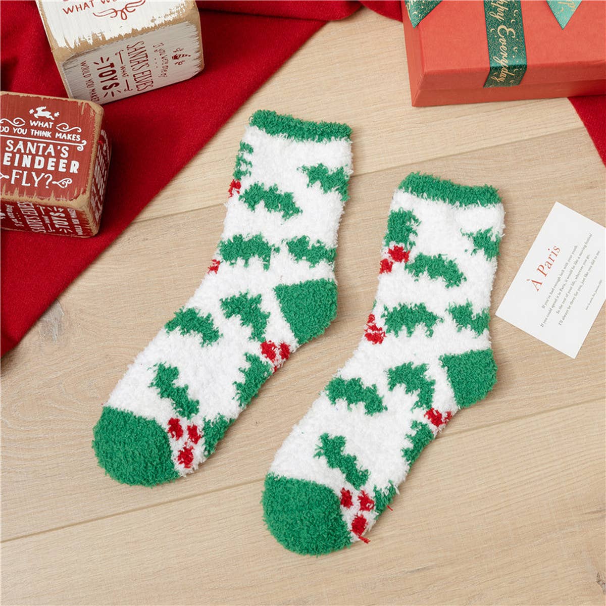 SANTA CLAUS ELK CORAL VELVET SOCKS_CWMS0336