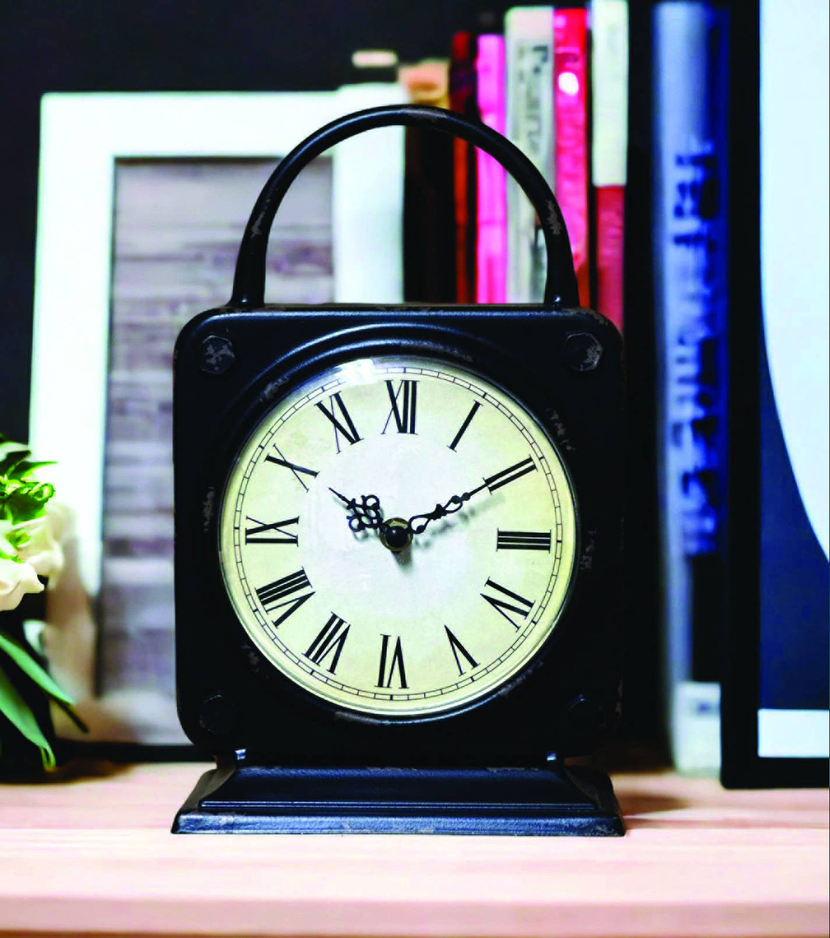Black Distressed Clock With Handle