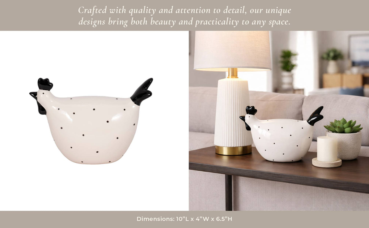 Ceramic Dotted Rooster Figurine - White/Black, 7 in.